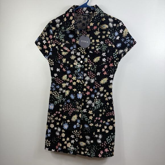 Storia New Black Floral Tapestry Mini Dress Medium Full Snap Dark Floral Retro - Picture 13 of 13